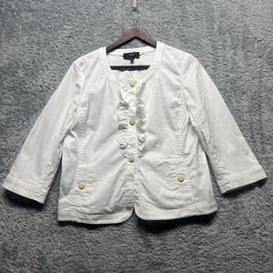 Talbots Jacket Womens 12P White Ruffle 3/4 Sleeve Button Placket Circle Neck